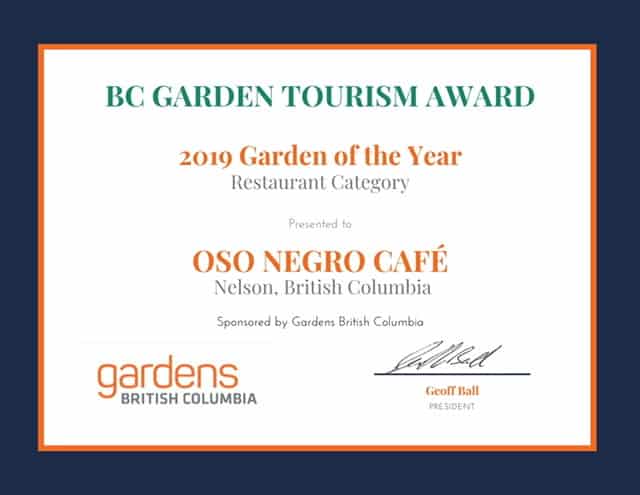 2019 BC Garden Tourism Award - Restaurant Category - Oso Negro Café